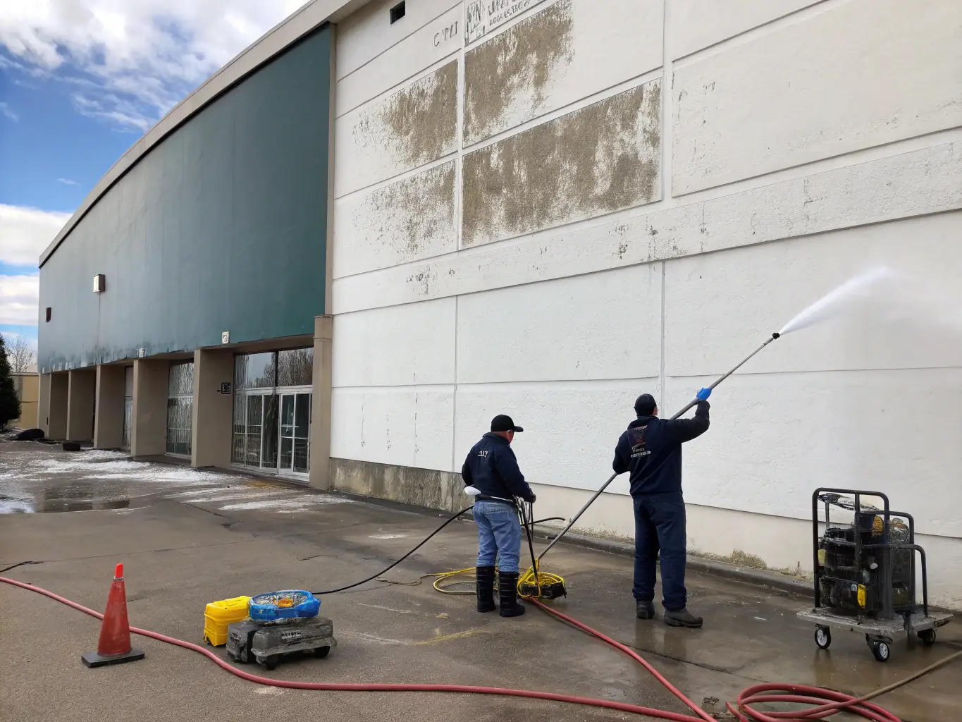 A commercial building being soft washed, demonstrating the gentle yet effective cleaning process for delicate surfaces.