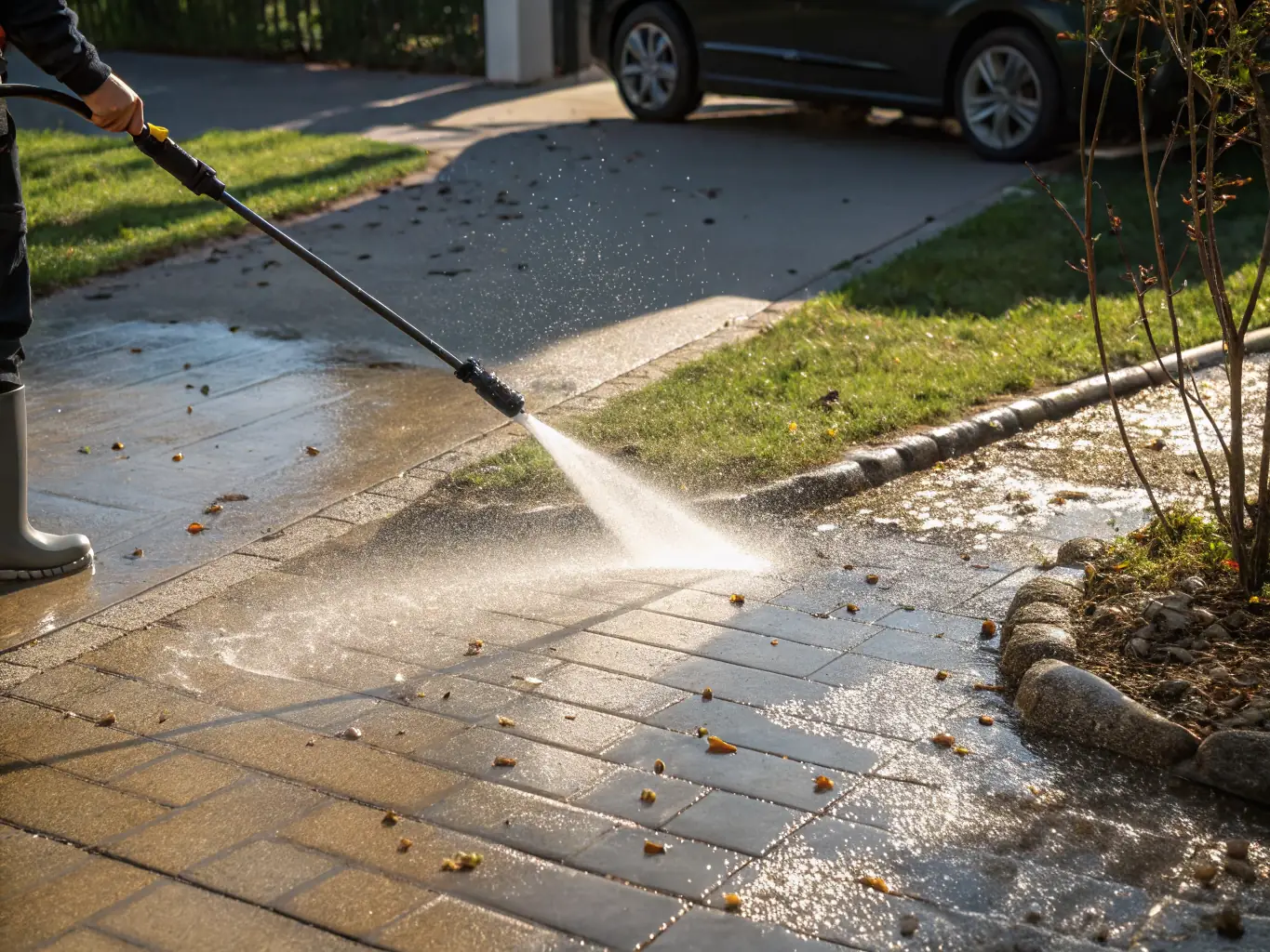 A residential house with a clean driveway after power washing, showcasing the effectiveness of the service in removing dirt and grime.